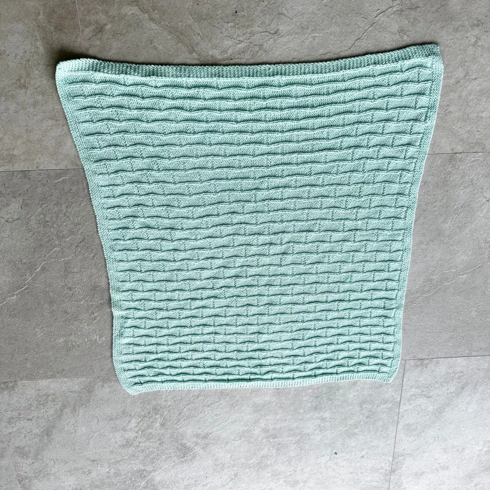 Handmade Mint Green Knit Baby Blanket Basketweave Textured Nursery Throw 33x33